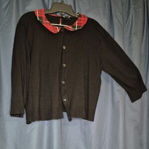 Retro Chic Black Cardigan with Red Plaid Collar